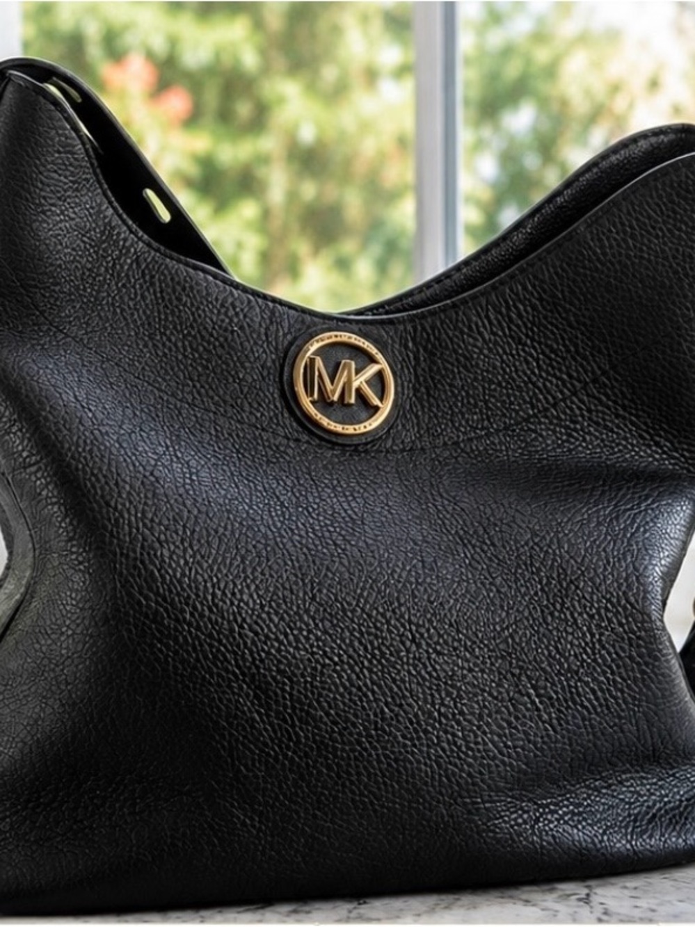 Michael Kors Black Pebbled Leather Hobo with Gold MK Accent